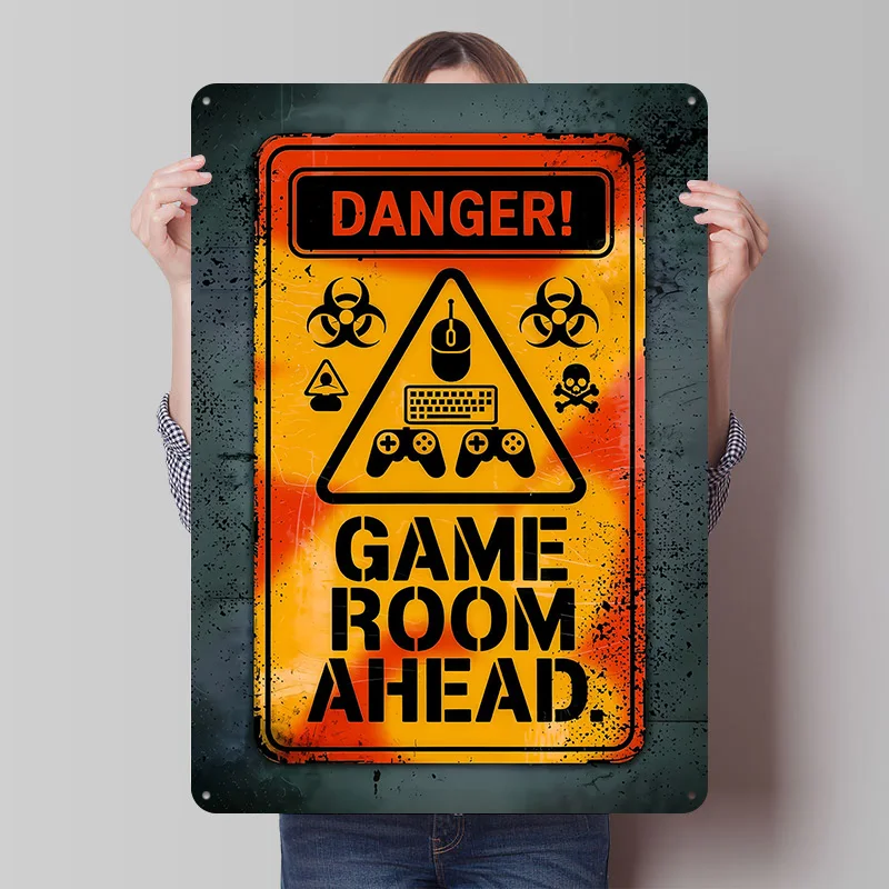 Danger! Game Room Ahead Warning Sign Poster Customized Vintage Metal Signs Wall Art Retro Tin Plaque for Mancave Decoration Home
