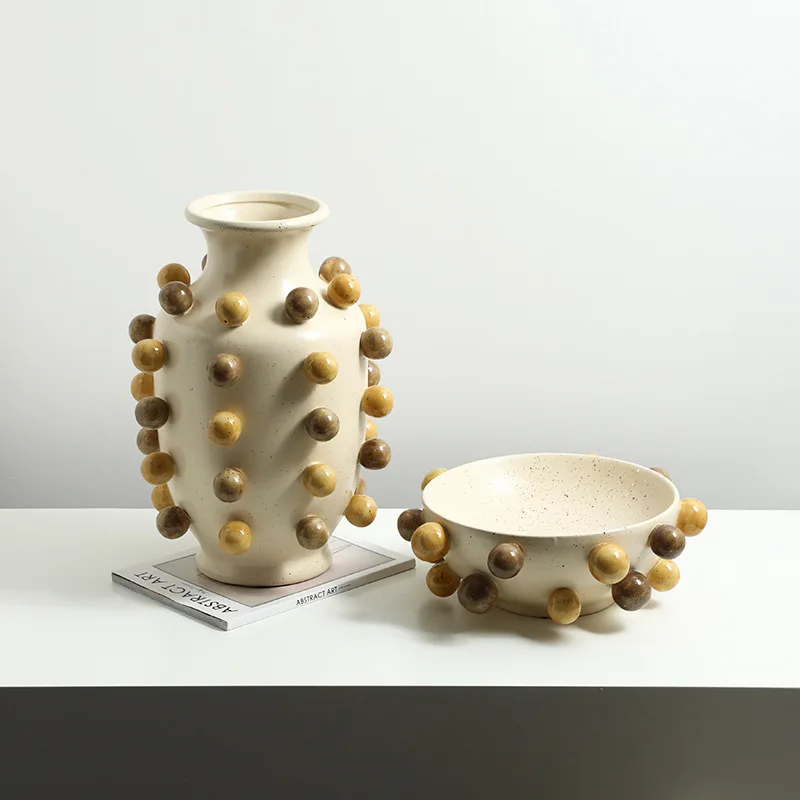 Modern wabi sandy wind abstract hand-painted round bead ceramic vase villa hotel entrance dining table decorative cabinet creati