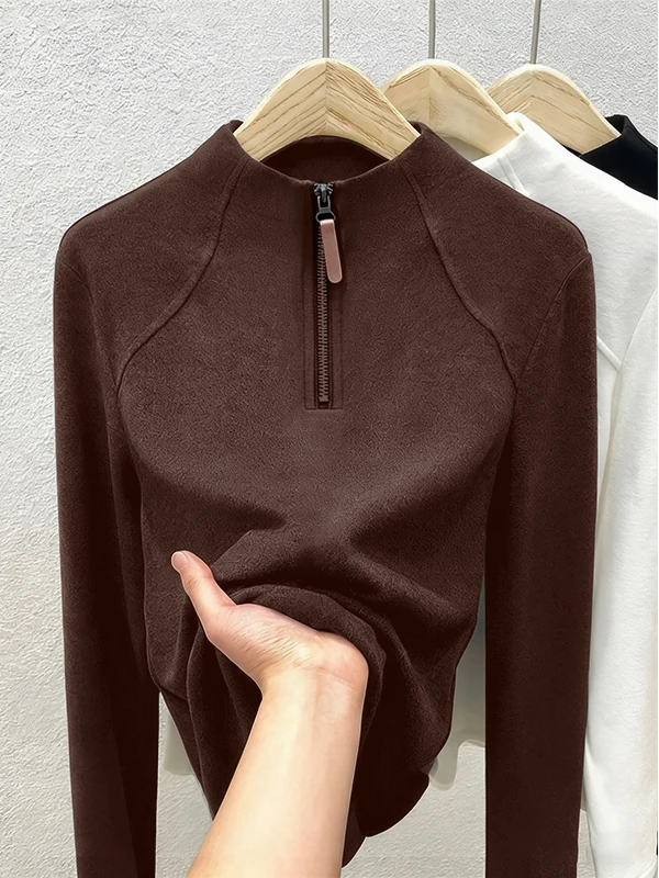 Long Sve Zipper T-irt Women's Loose Fit Korean Sle Comfortable Soft Polyester Casual Wear All Seasons Basic Top