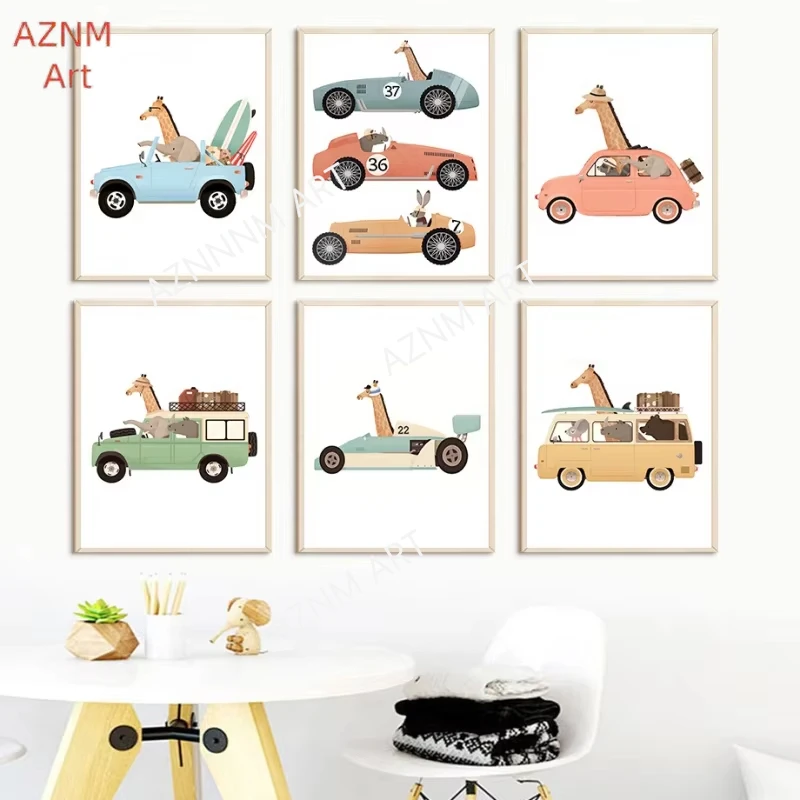 1pc  Giraffe Canvas Painting Elephant Bear Animal Car Travel Poster Print Nordic Wall Art Children'S Room Decoration