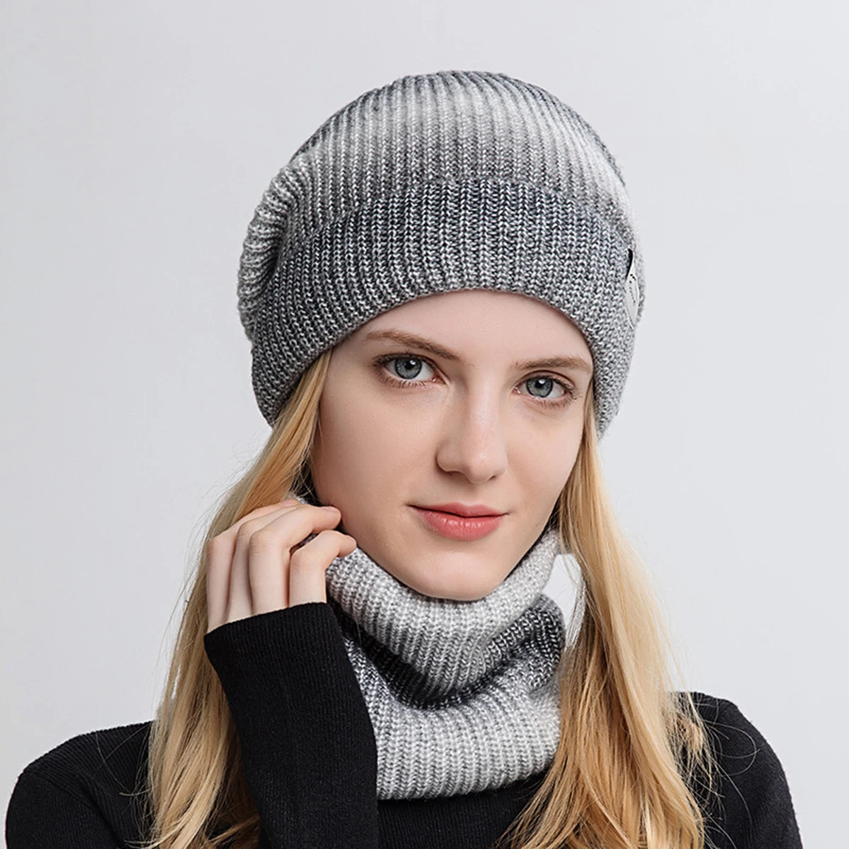 Set Topi Rajut Wanita OVTRB untuk Musim Dingin, Penghangat Leher, Set Topi Beanie Warna Gradasi, Set Syal, Topi Rajut Hangat, Topi Skull untuk Olahraga Luar Ruangan
