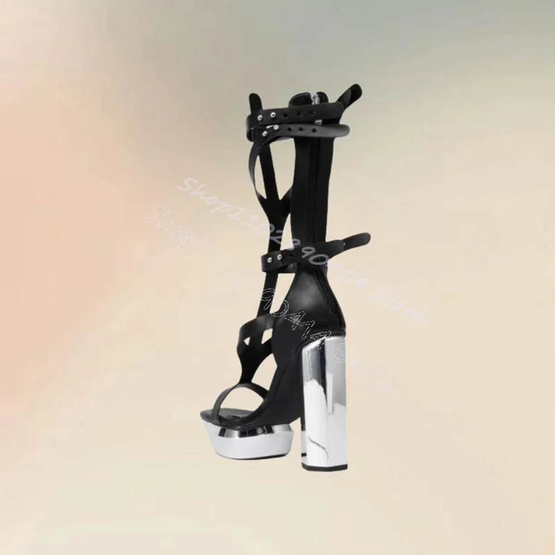 Black Strappy Hollow Design Silver Platform Boots Back Zipper Women Shoes Chunky High Heels Sexy Party 2024 Zapatos Para Mujere