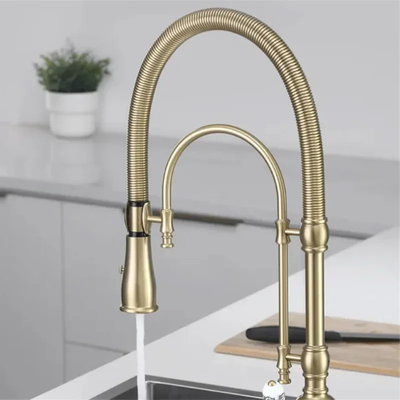 Brushed Gold Pull Out Kitchen Faucet Gold Kitchen Sink Mixer Tap Total Brass Vanity Water Tap
