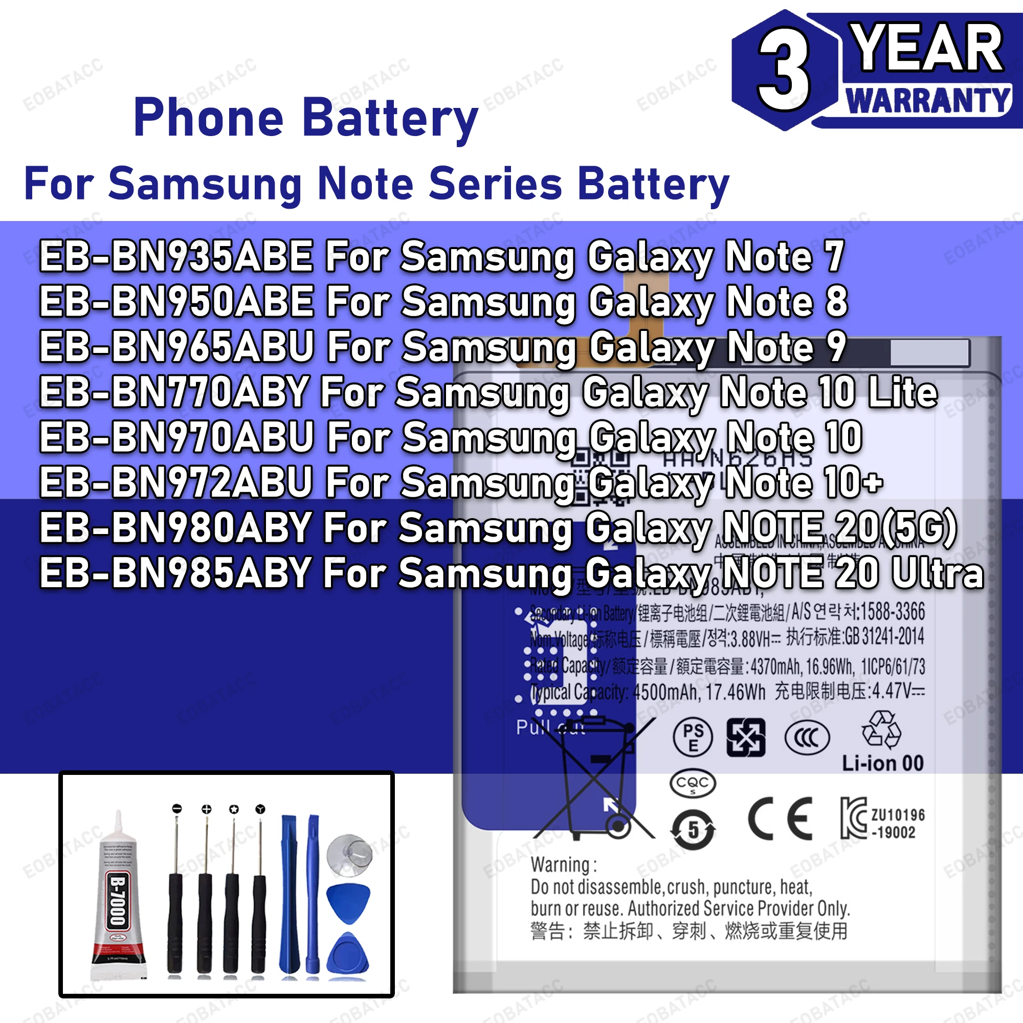100% New Zero Cycle BATTERY For Samsung Galaxy NOTE 7/ NOTE 8 / NOTE 9/ NOTE 10 Lite / note 20 ultra /note 20 5G Batteria