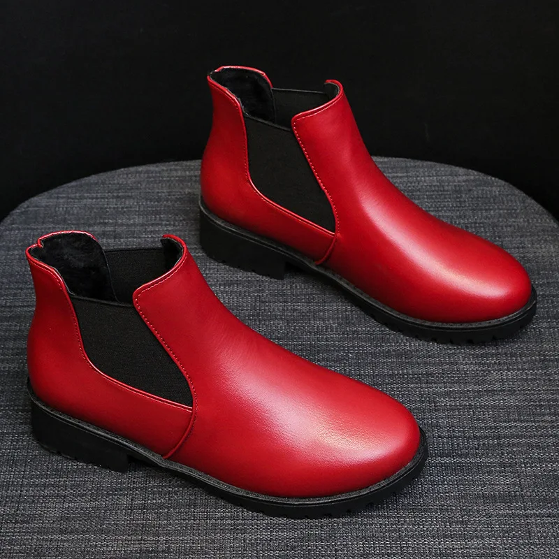 Large Size Short Boots Spring Autumn New Red Ankle Boots Round Head Thick Medium Heel Elastic Short Boots Slip on Casual Shoes