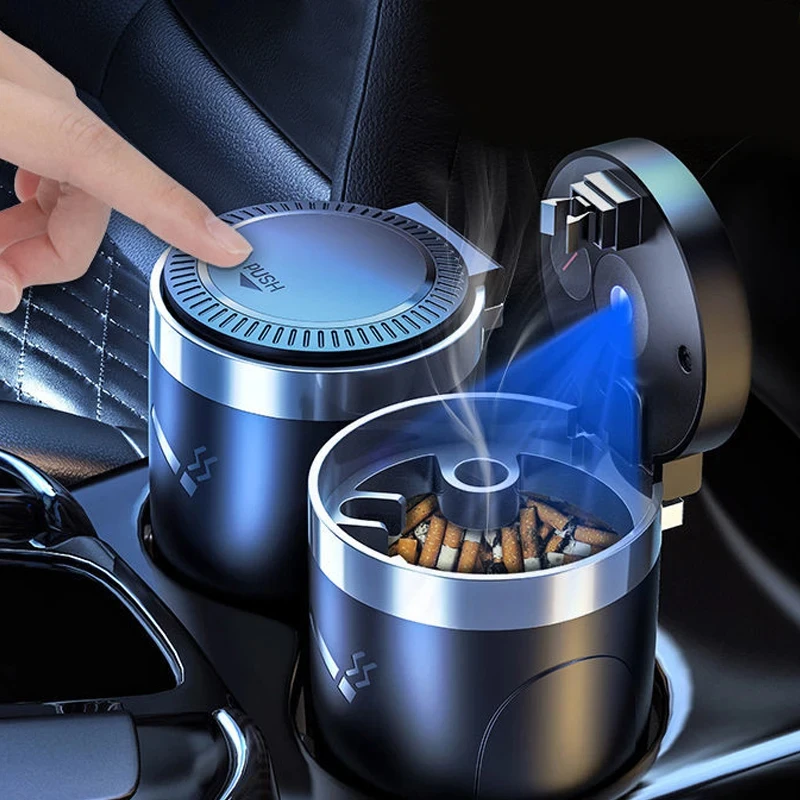 Car Ashtray With LED Light Universal Alloy Ash Tray Aluminum Cup Smokeless Auto Ashtray Flame Retardant Cigarette Holder Box 