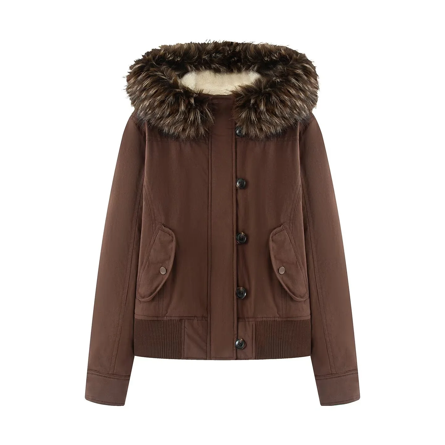 

With Detachable Fur Collar 2025 Autumn New Women's Casual Fashion Simple Design Short Hooded Denim Pocket Jacket