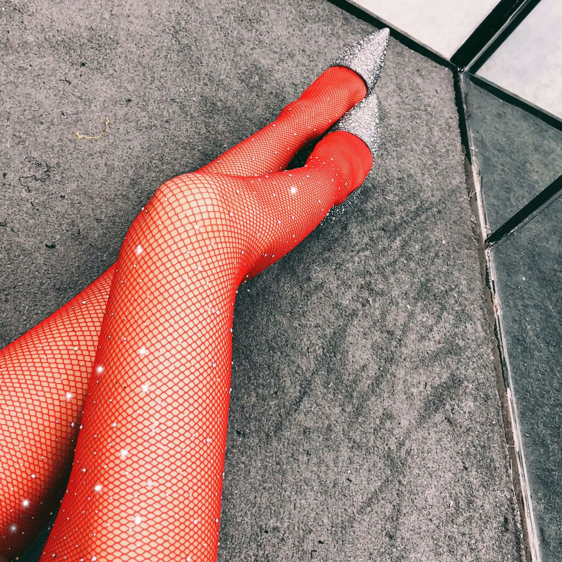 Rhinestone Women\'s Sexy Crotch Less Long Tube Socks Tight Pants High Mesh Sexy Underwear Sexy Red Fishing Net Teddies Pantyhose