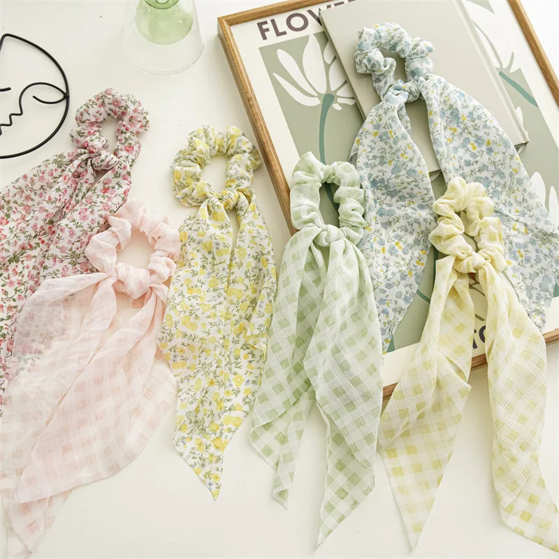 Spring and Summer Fresh Floral Plaid Hair Band Ladies' Elegant and Exquisite Ponytail Hair Scrunchie Fashionable Hair Accessory