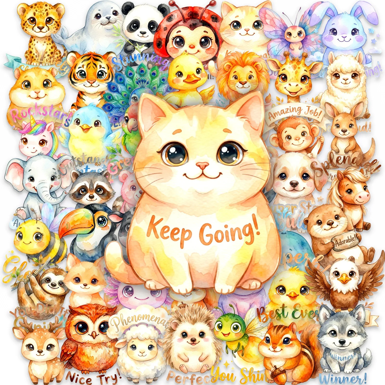 50 PCS Cute Pet Inspirational Slogan Clear Stickers Set Watercolor Style Student Stickers DIY Scrapbook Phone Waterproof Decals