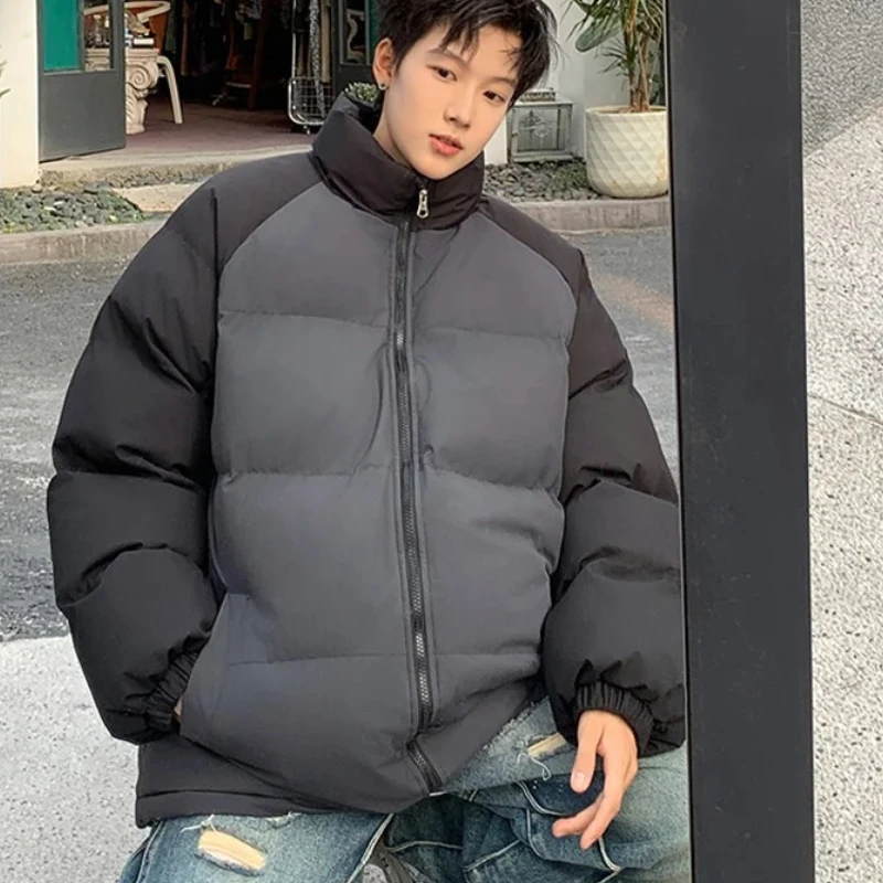 

Patchwork Parka Jacket Men's Fashion Splicing Stand Collar Windproof Parkas Korean Female Male All-match Down Cotton Padded Coat