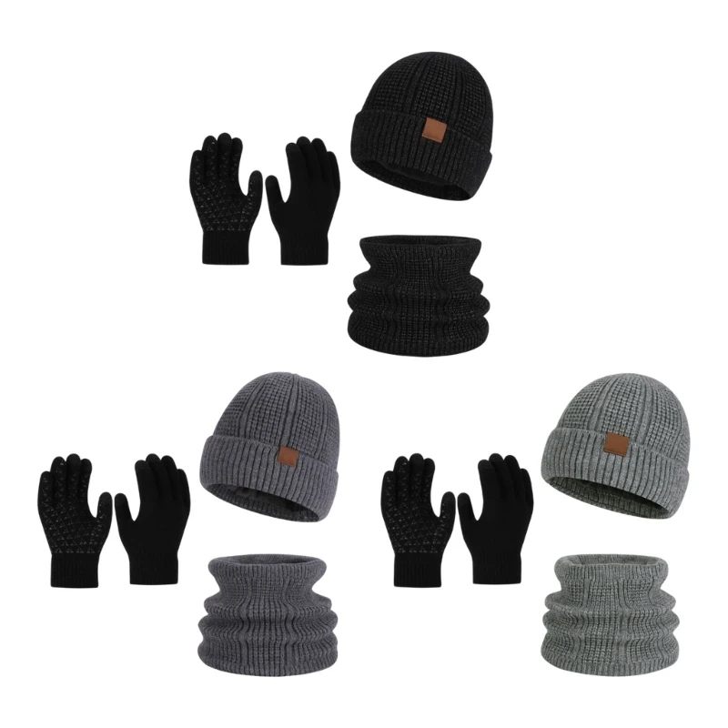 U90E Cold Weather Accessory Set 3 Piece Soft Lined Hat Gloves Neck Warmer Acrylic Set for Walking Travel and Commutes