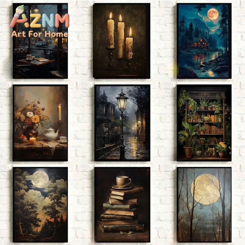 Dark Academia Candles Bookcase Plants Coffee Cup Posters Prints Canvas Painting Wall Art Vintage Pictures for Room Home Decor