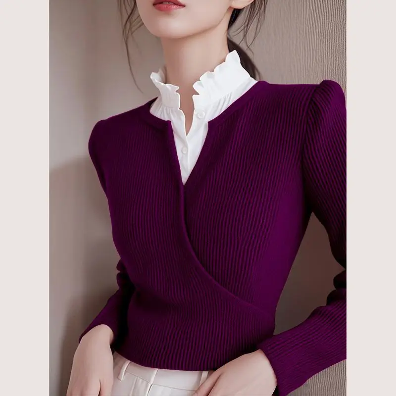 Autumn New High-end Chic Top with a Sense of Luxury and Niche Button Solid Color Minimalist Design Ankela Red Knitted Sweater