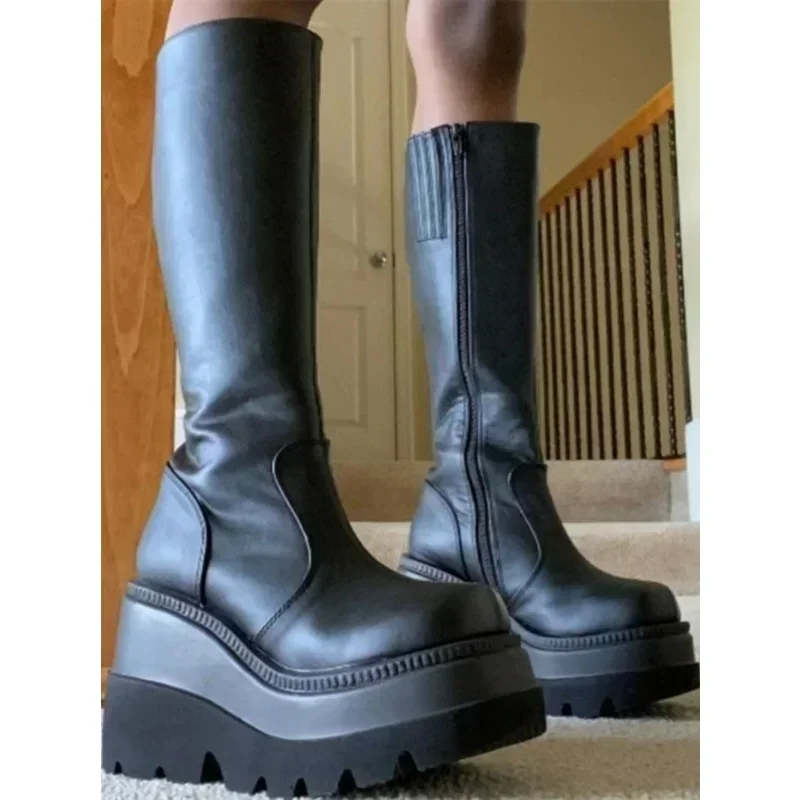 2024 New Fashion Platform Women Combat Winter Heels Quality Long Thigh High Zipper Knee High Boots Botas Mujer Platform Shoes