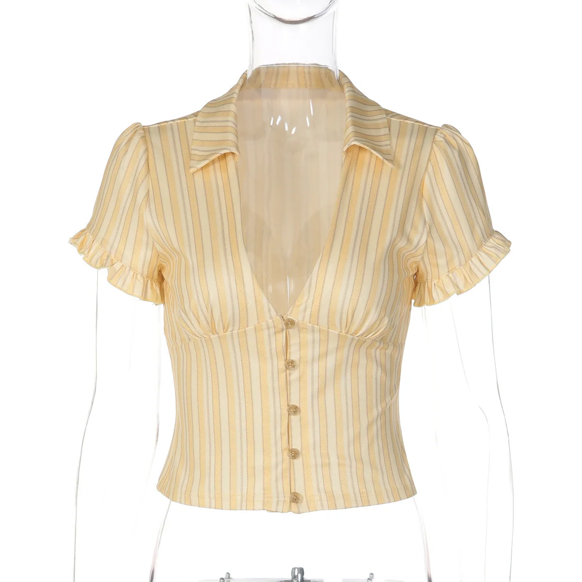 

French retro spring new fashionable and sexy cardigan button short sleeved shirt