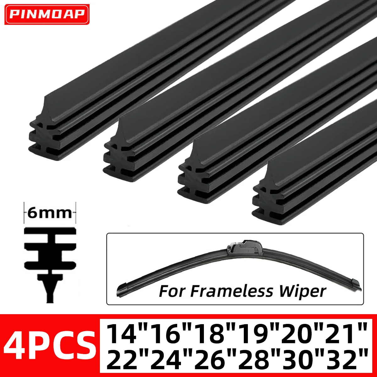 PINMOAP Naturkautschukstreifen 6mm Geeignet für Rahmenlose Scheibenwischer 14"16"18"19"20"21"22"24"26"28"30"32" Auto-Scheibenwischer-Ersatzstreifen