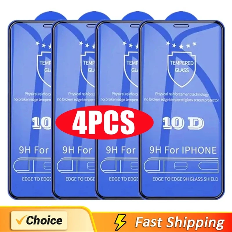 

4Pcs 10D Tempered Glass For iPhone 13 11 12 14 15 Pro Max Mini Full Cover Screen Protector For iPhone 14 PRO XR X XS MAX 8 Plus