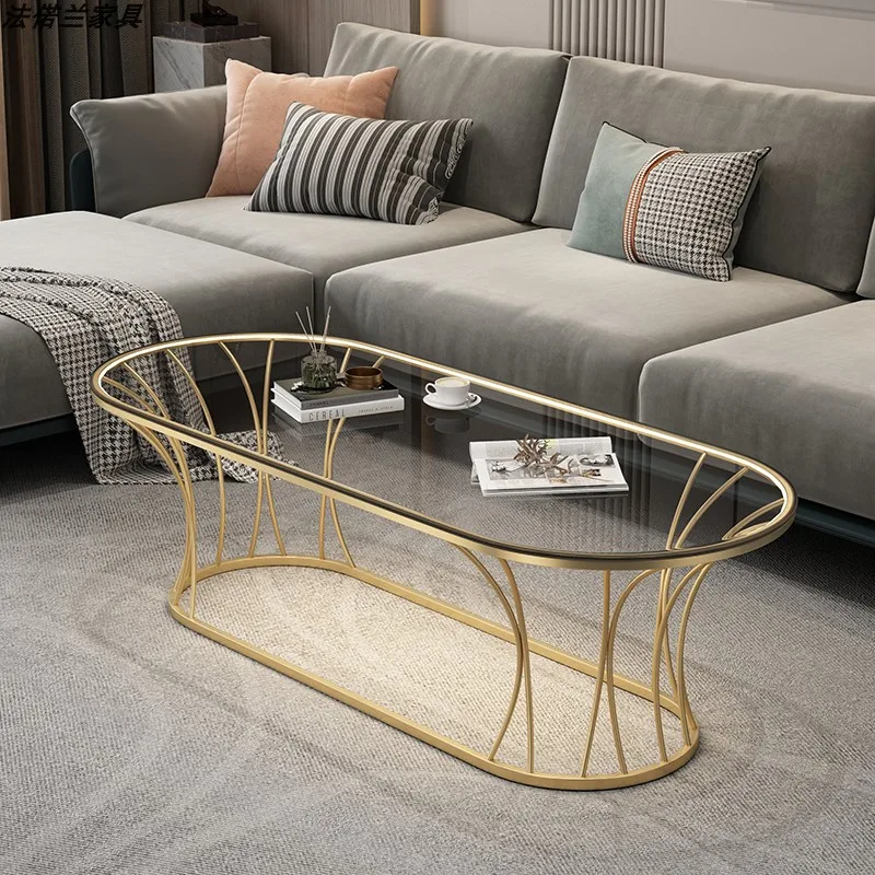 Nordic oval glass tea table simple modern iron art small living room home creative tempered small tea table