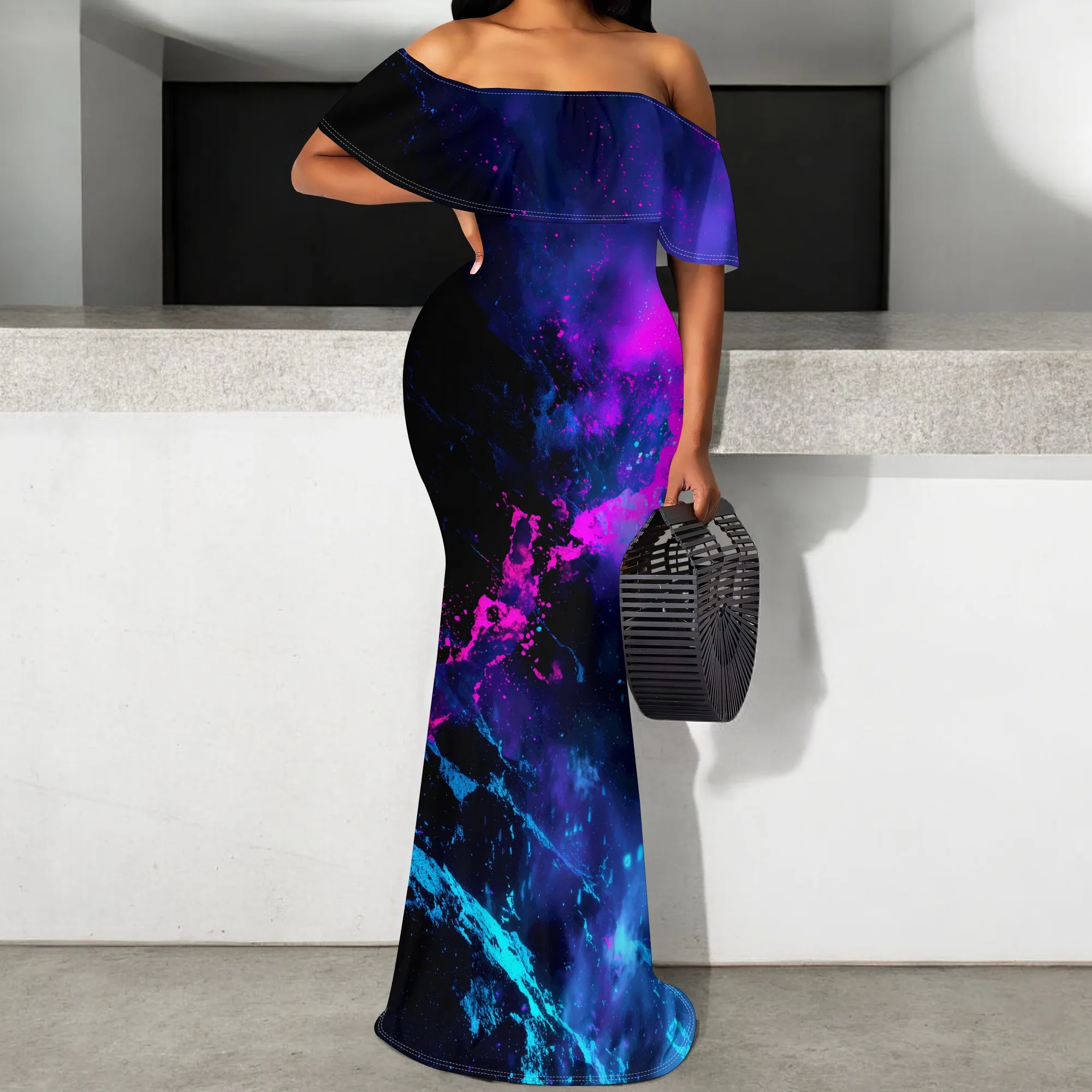 

Women’s Galaxy Print Off Shoulder Maxi Dress Elegant Mermaid Hem Slim Fit Evening Party Gown S-3XL
