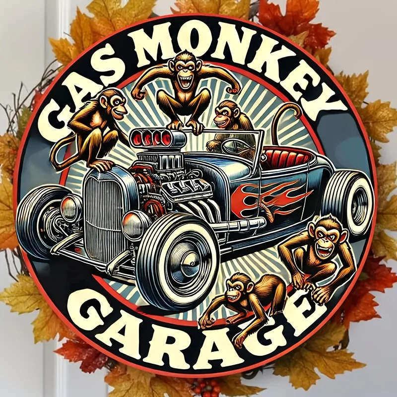 Ein flaches Wandkunstwerk im Vintage-Stil, dieses runde Schild mit Garagenmotiv ist perfekt für Bars, Cafés, Garagen und Männerlounges.