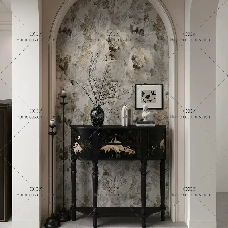 Medieval Solid Wood Art Porch Cabinet Semi Circular Crane Painted Locker Foyer Decorative Cabinet Customization