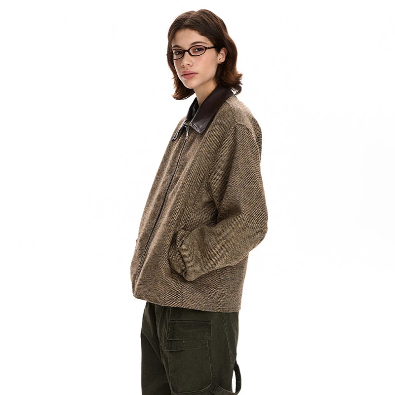 LUZHEN 2026 New Trendy High Quality Wool Splicing Leather Neck Short Jacket Men's Women's Handsome Simple Korean Clothes JY8961