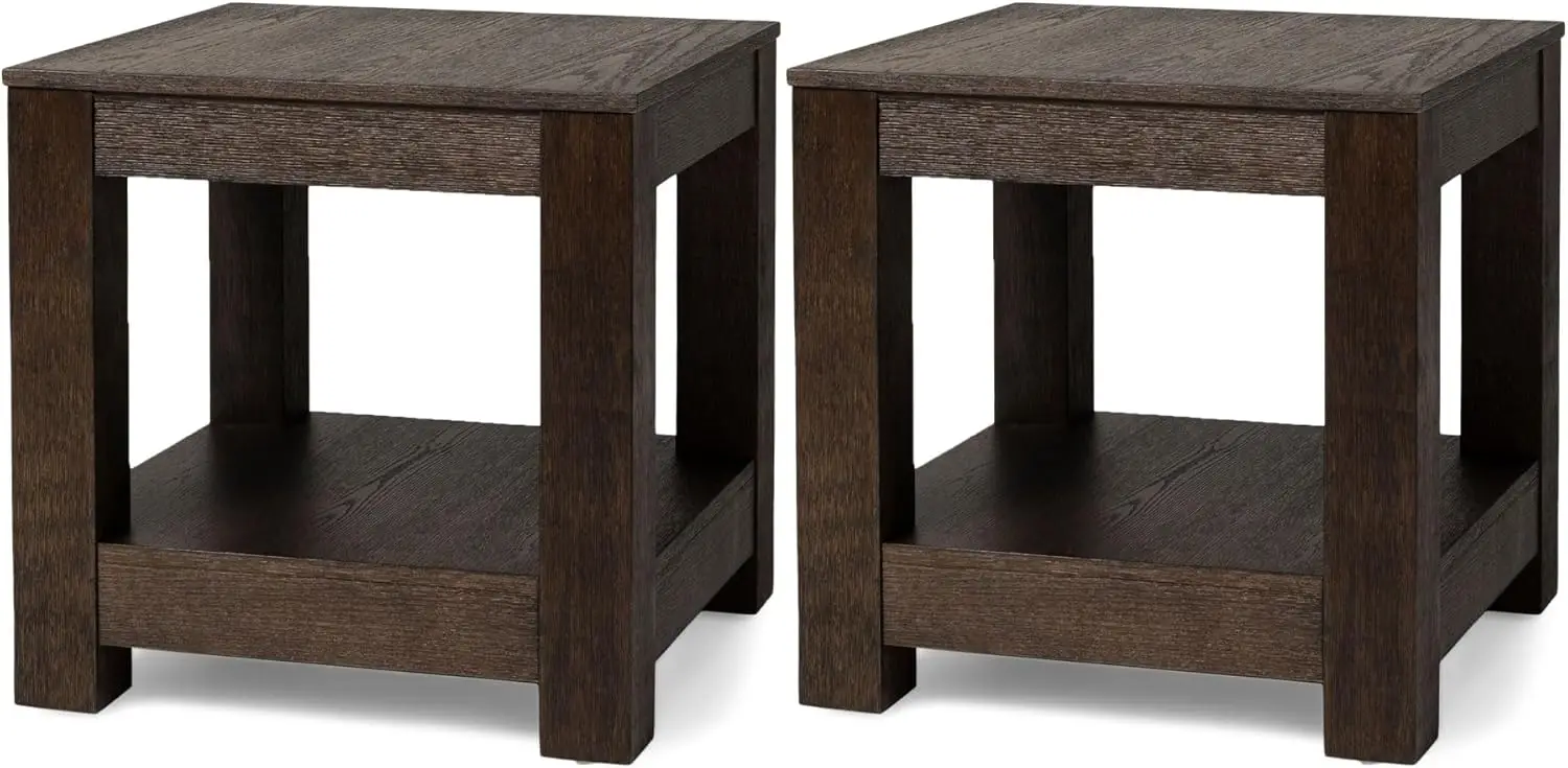 2 Tiered Tall Square Rustic Wooden Side Table with Shelf Storage for Living Room or Small Spaces in Weathered Finish, Set of 2