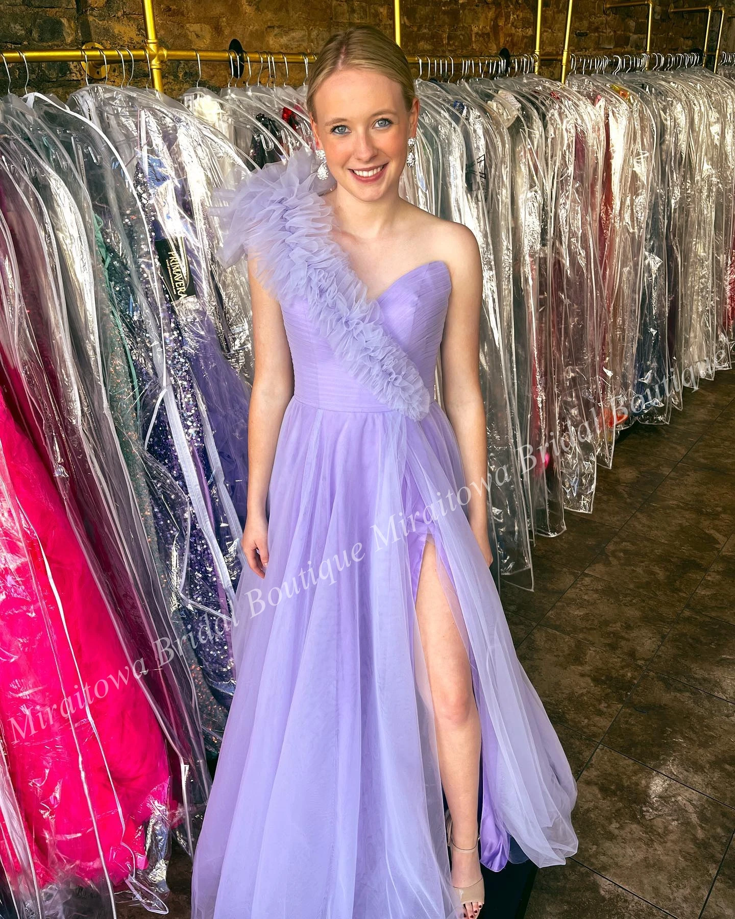 Hot Pink Prom Dress Ruffle One-Shoulder High Slit Hoco Drama Graduation Formal Party Wedding Guest Holiday Club Bridesmaid Gown