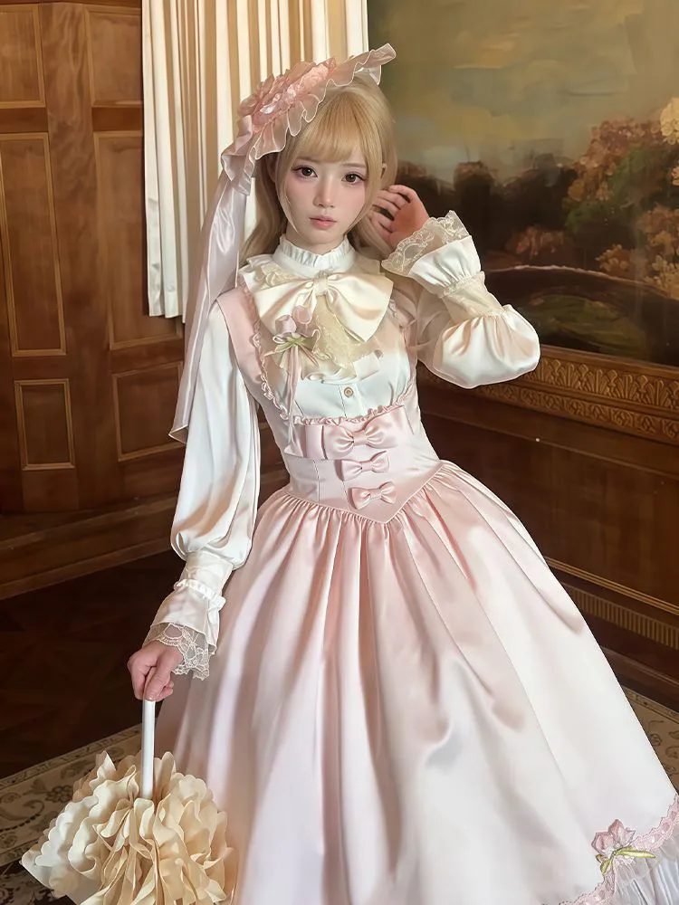 Elegant Lolita Pink Strap Dress Vintage Outfit Autumn New Sleeveless JSK Dress+ Long Sleeve Bow Shirt Two-piece Set