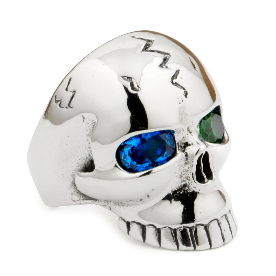 Blue + Green CZ Eyes Huge 925 Sterling Silver Skull Punk Ring 9M409 US Size 8~15