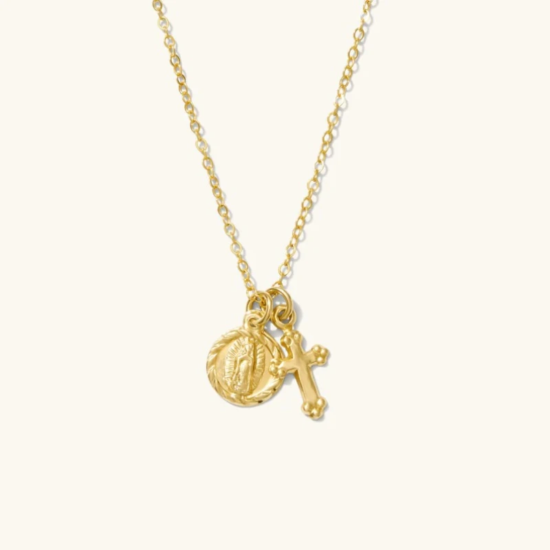 Collar con Cruz de la Virgen María Mini en Oro de 14K, Collar con Cruz Minimalista, Hipoalergénico, Resistente al Deslustre, Regalo para Mujer