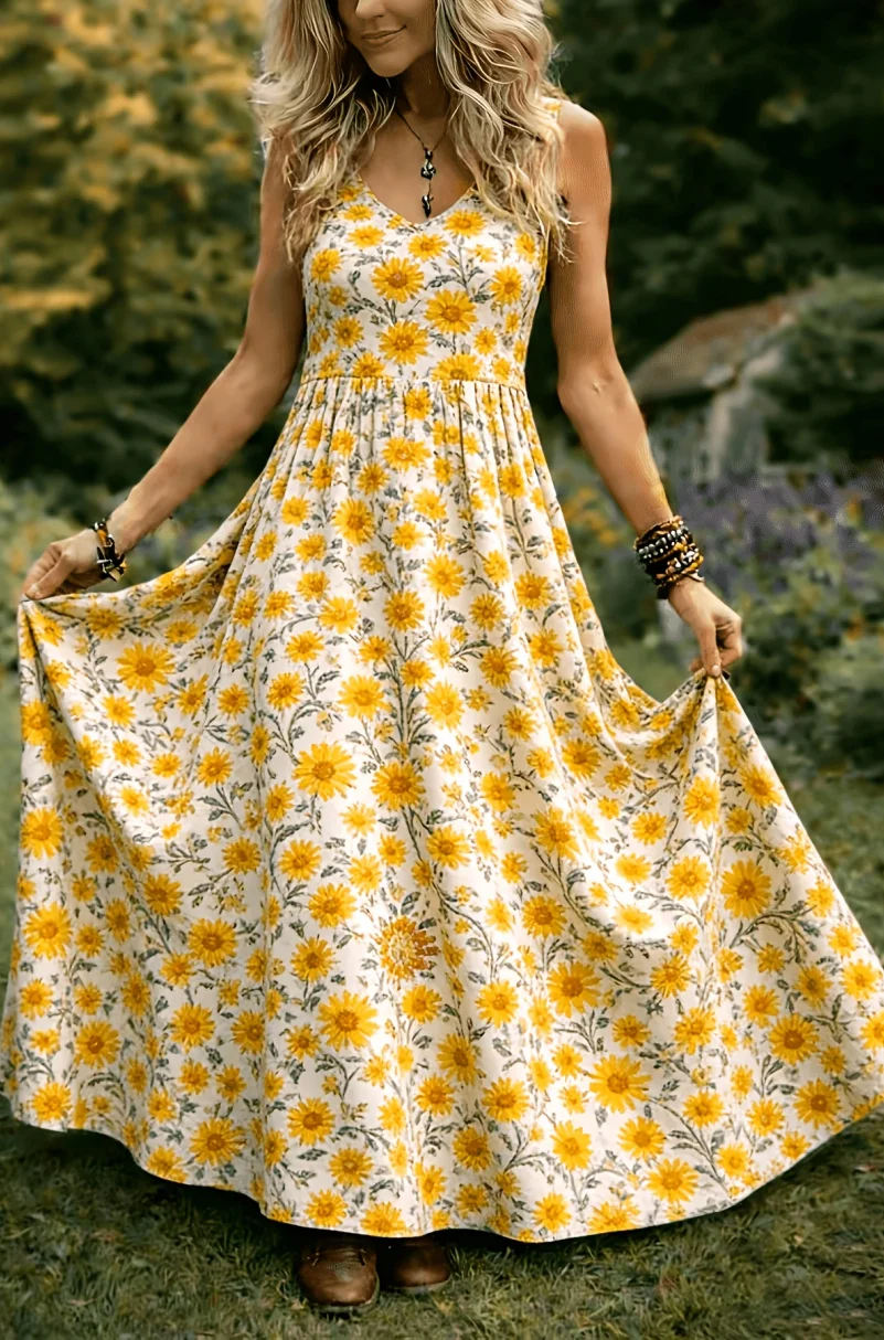 2D Flat Print Women's Vintage Elegant Sleeveless Dress, V-Neck Floral A-Line Flowy Long Dress, Machine Washable, Suitable for Casual Wear and Vacation Outfits