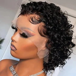 13x4 Lace Frontal Wigs Human Hair Pixie Cut 180% Density Black Color Water Wave Short Pixie Cut Wigs for Women Preplucked