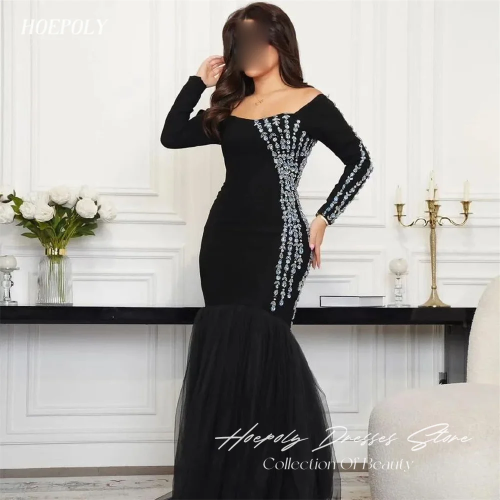 

Hoepoly Black Strapless Crystal Full Sleeve Evening Dress For Woman Summer Style Fashion Simple Classy Party Long Prom Gown New