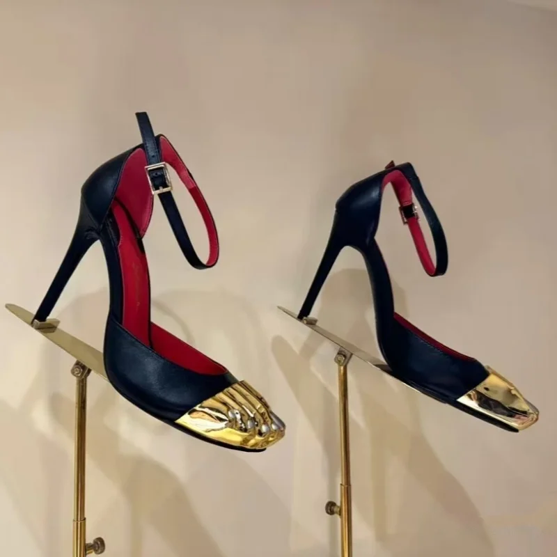 Golden Five Toes Patchwork Stiletto Sandals Women Pointed Toe Cover Heel Ankle Strap Sandals Lady Elegant Sexy Party Dress Shoes