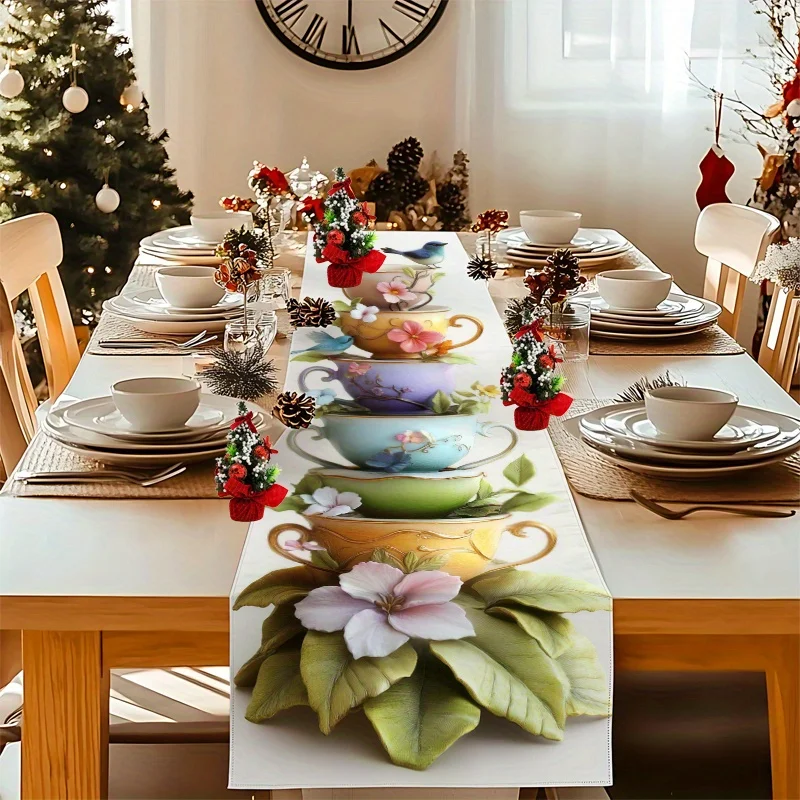 1 Piece of Artistic Teacup and Bird-Shaped Table Runner, Suitable for Valentine's Day, Tablecloth and Home Decoration Fabric, for Family Gatherings, Home Decoration, Indoor Coffee Table, Living Room and Kitchen Dining Room