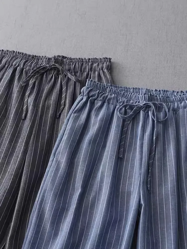 Calça reta feminina com listras de algodão, calça até o tornozelo, cintura alta, cordão, harém casual, nova, outono, 2022