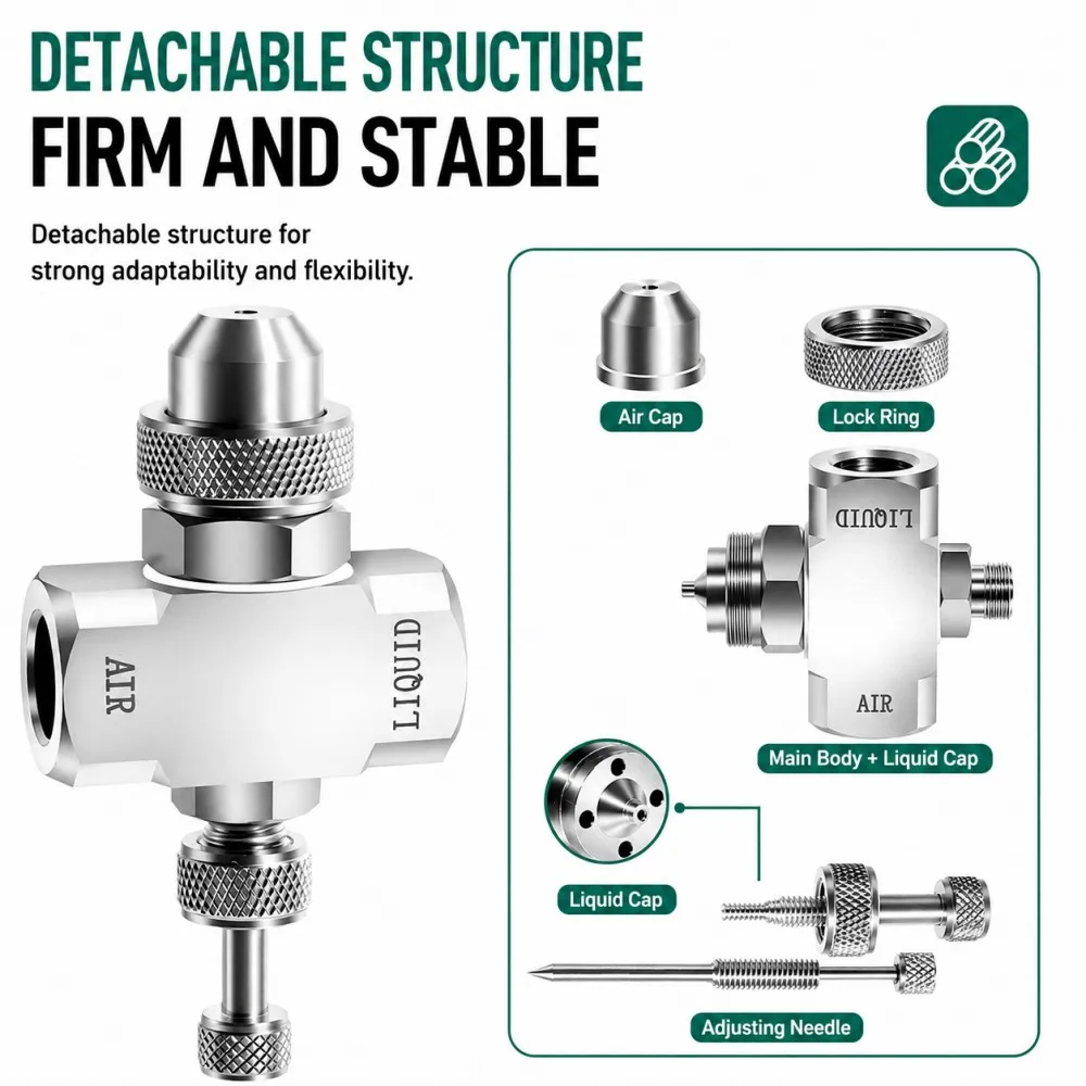 Siphon Pressure Air Atomizing Fog Jet Nozzle, Adjustable Fine Mist Sprayer, Two-Fluid Gas-water Mixing Spray Head, 1/4