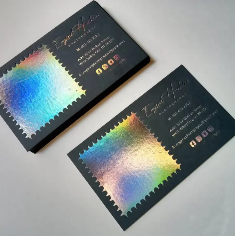 200pcs/lot Custom texture paper thick black cardboard holographic business card printing with rainbow edge