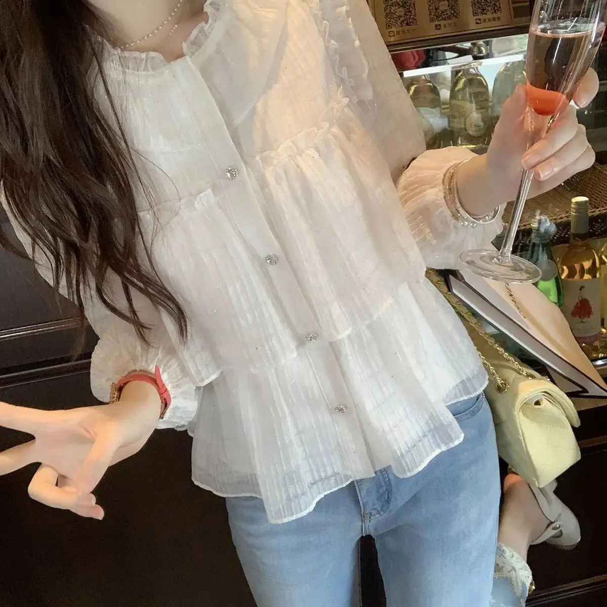 Célébrité française Super fée bulle à manches longues chemise banlieue bouton chemises printemps été feuille de Lotus bord en mousseline de soie Blouse femme