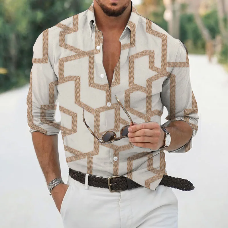 

Men's Geometric Pattern Plant 3D Printed Shirt Long Sleeve Lapel Simple Retro Hawaiian Vacation Casual Business Shirt 6XL