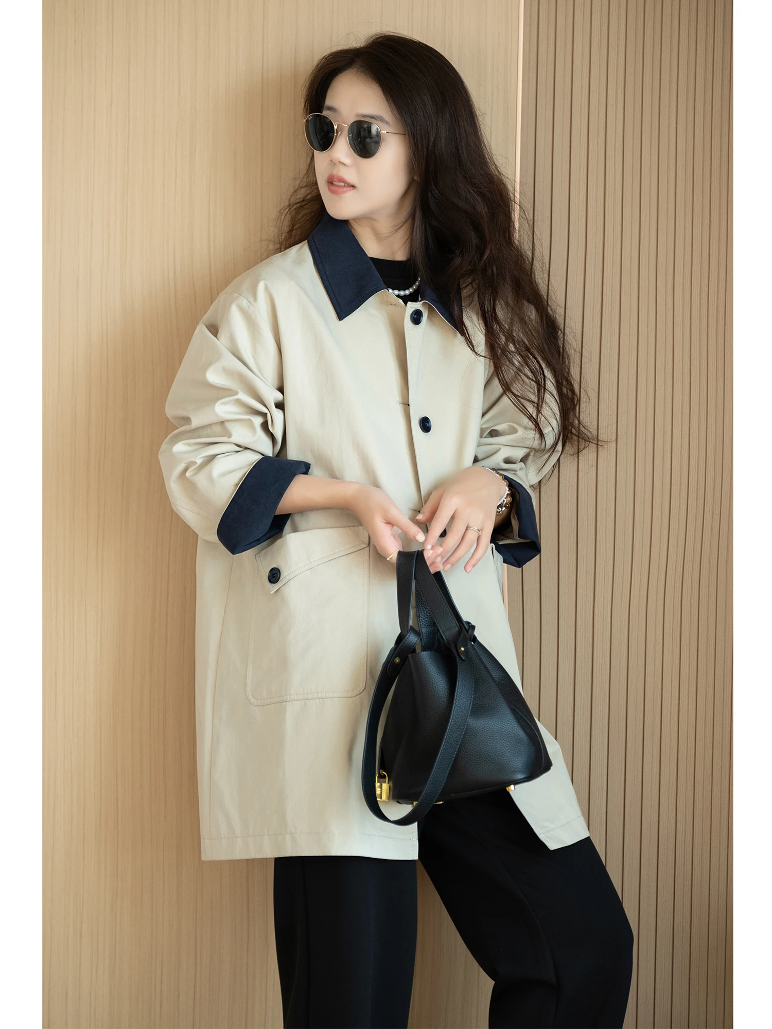 

Casual Loose Women's Windbreaker Coat Color Blo Collar Smooth Non-Wrinkle Cotton Nylon Fabric Faionable Spring Autumn