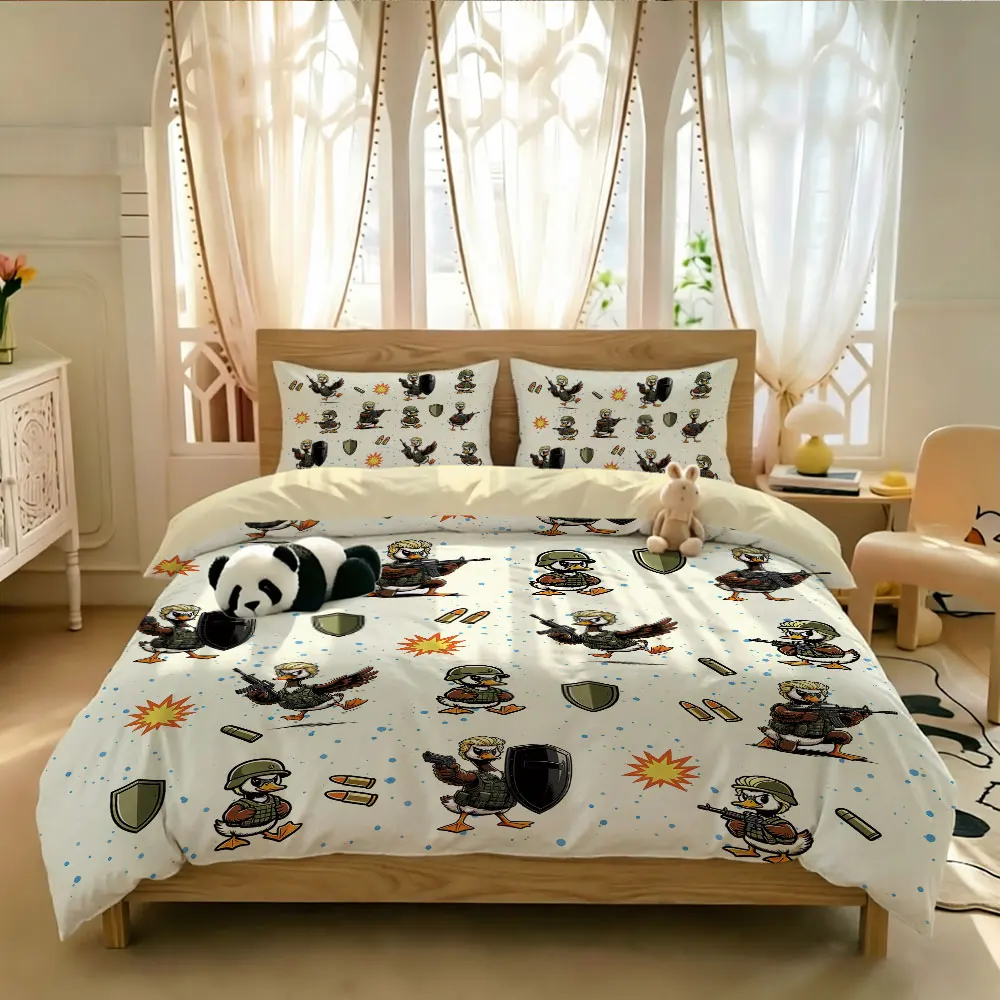 3PCS Military Cartoon Duck Print Bedding Set, Soft & Comfortable, No Filling Pad, 1 Duvet Cover + 2 Pillowcases Included, Mac