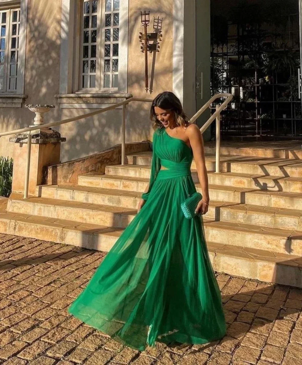 2024 New Sexy Summer Women's Dress Diagonal Shoulder Style Slim High Waist Long Green Dress