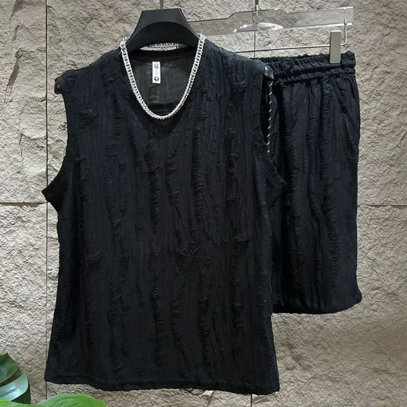 Men's Sleeveless T-Shirt Shorts Set O-Neck Casual Hollow Tank Top + Shorts Hole Hollow Quick Male Breathable Vest 2 Piece Set