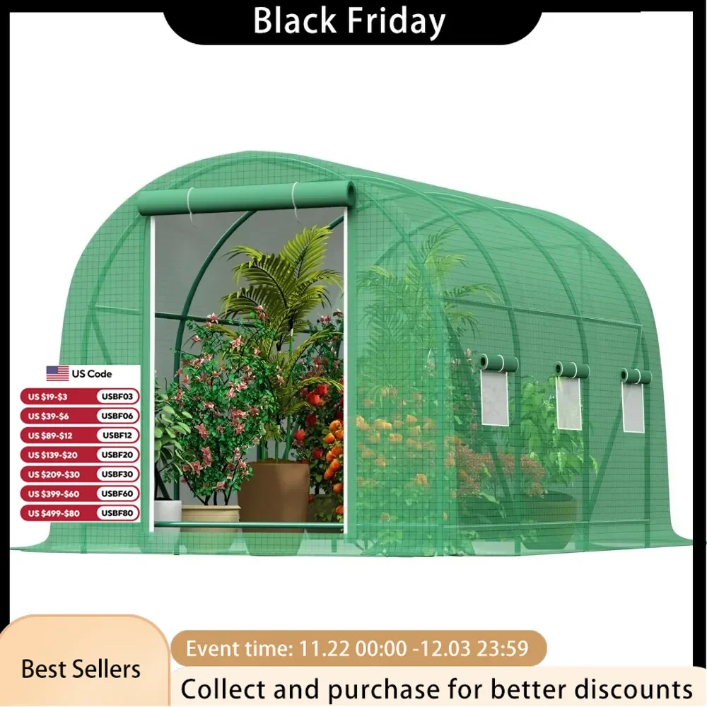 10x10x6.6 Feet Greenhouse for Outdoor 6 Screen Window Heavy Duty Plastic Plant Greenhouse With Reinforced Frame Garden Buildings