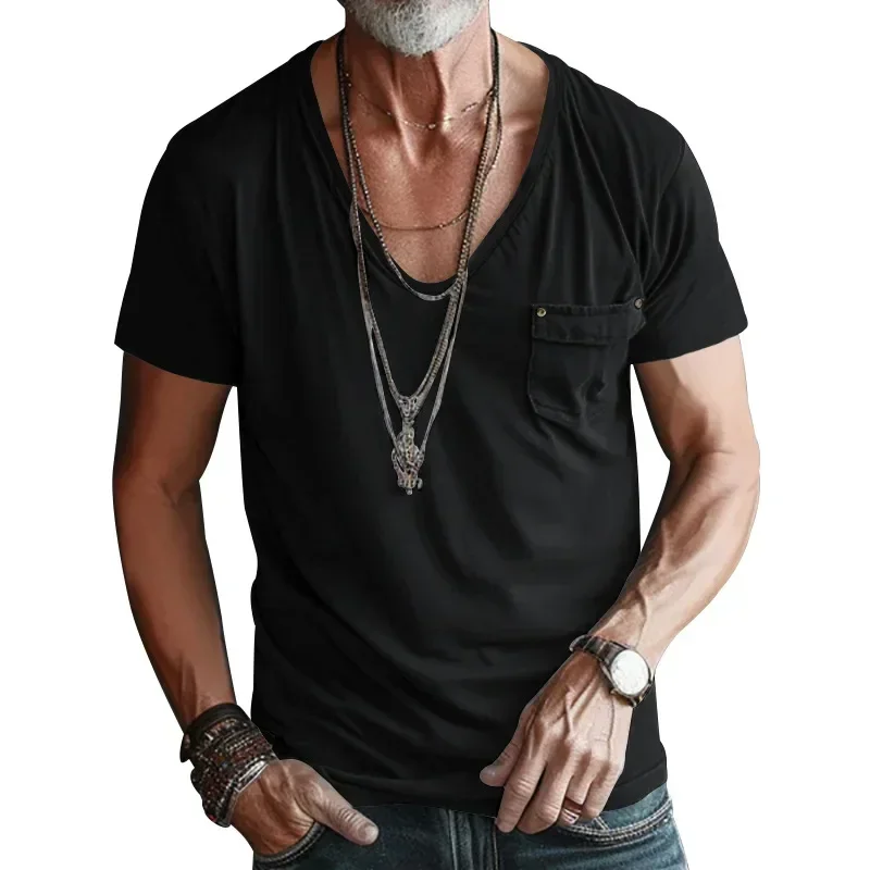 Cross-border Men's T-shirt Clothing Men's U-neck Solid Color Large Size Casual Short Sleeves Men Clothing T Shirt for Men