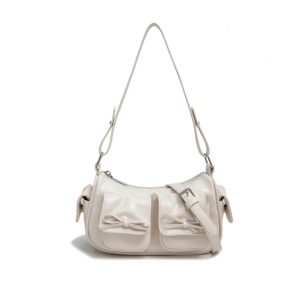 

Fashion Multiple Pockets Bow Crossbody Bag Y2K Korean Style PU Leather Underarm Bag Zipper Solid Color Women Handbag Women