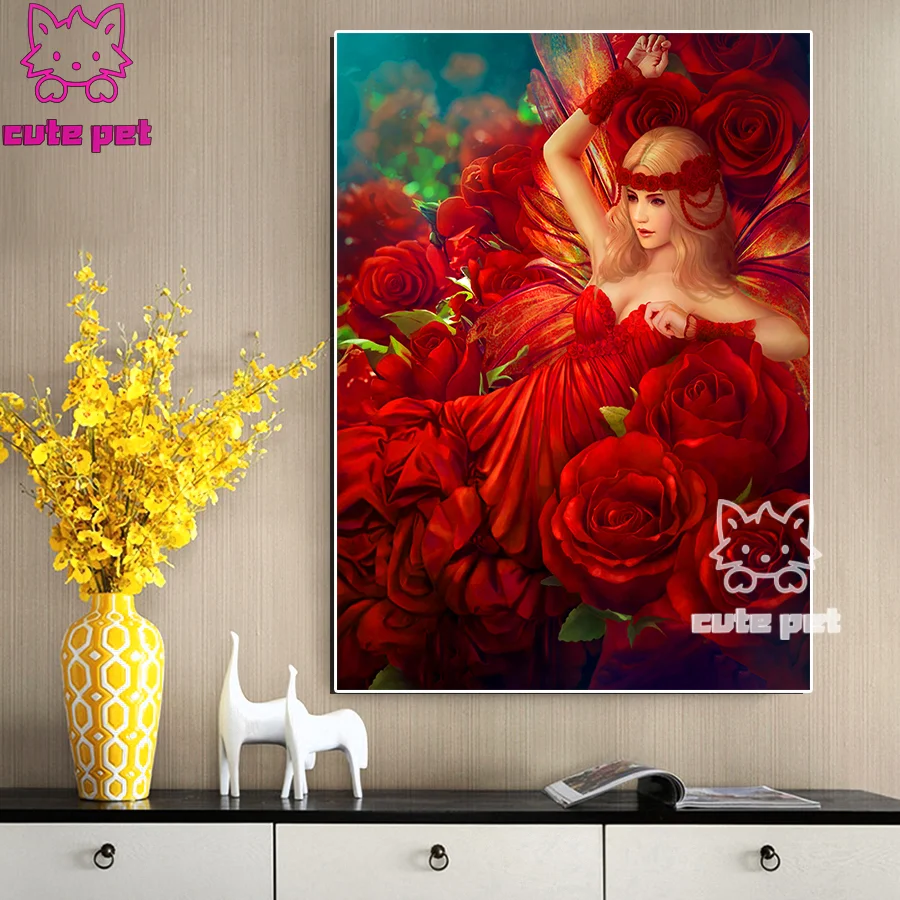 

Full Square Round Drill Rose red rose woman mosaic Diy Diamond Painting Embroidery Cross Stitch Rhinestone Beautiful girl Decor